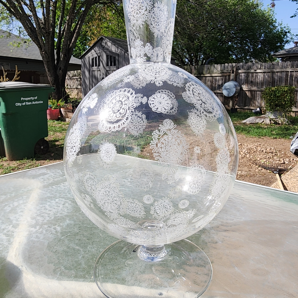 Clear Glass Decorative Vase with White Lace Etching